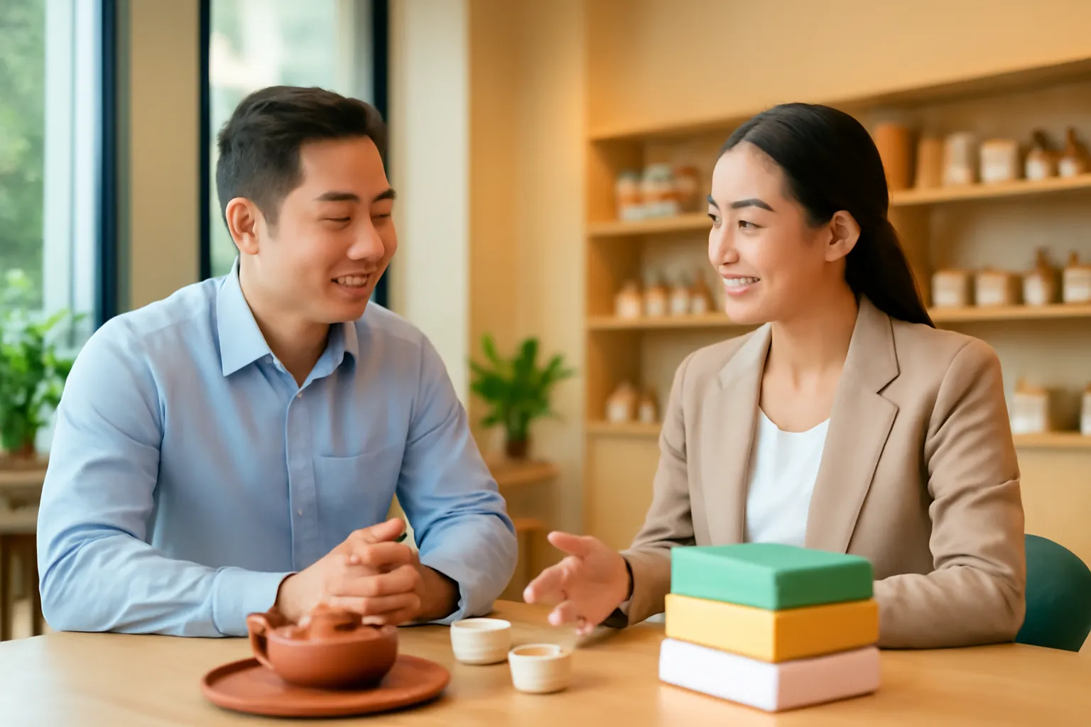 Hai người đàn ông trao đổi bên bàn trà gỗ có ấm trà và mẫu sản phẩm