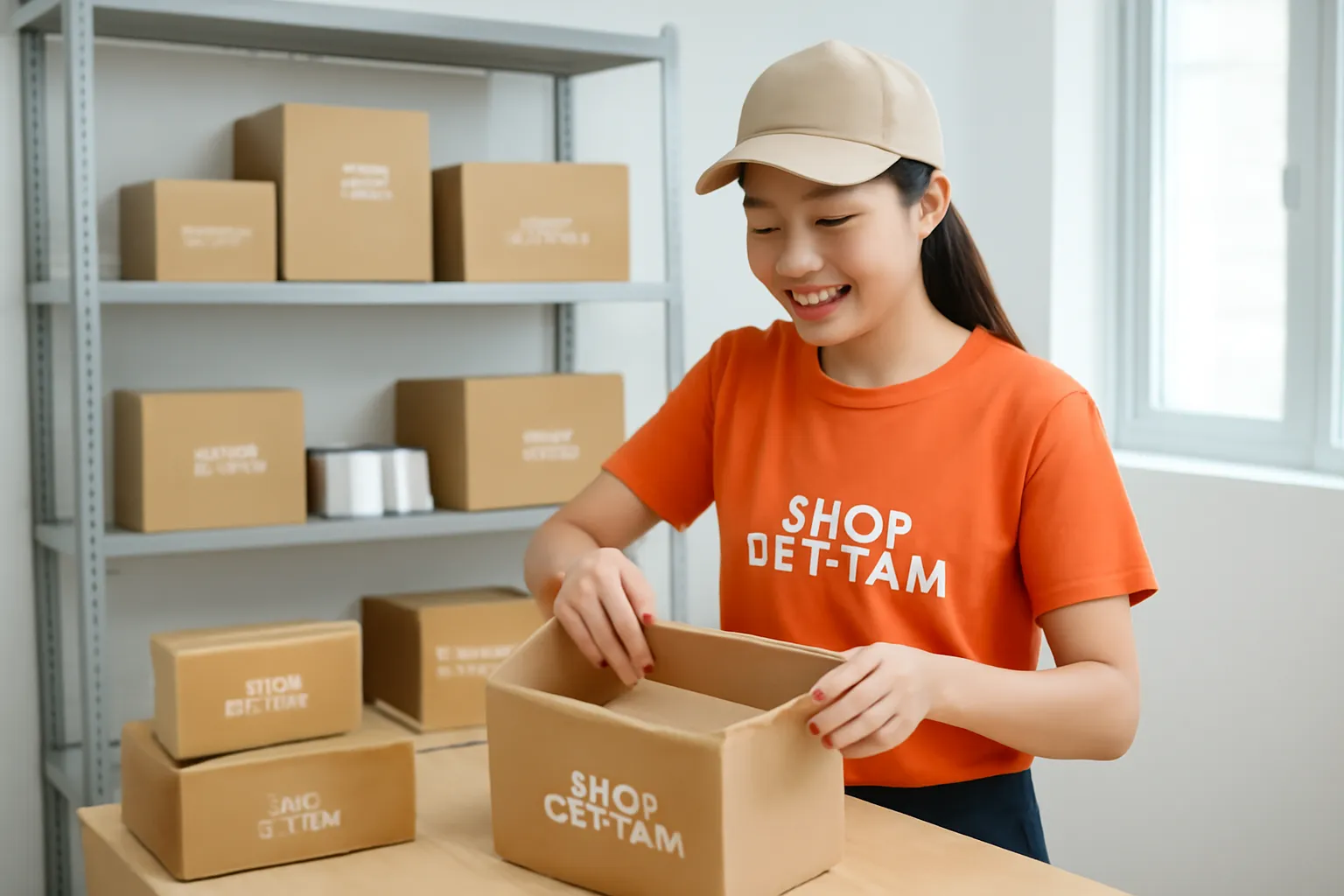 Nhân viên đóng gói đơn hàng nhỏ cạnh kệ hàng trong kho bán trực tuyến