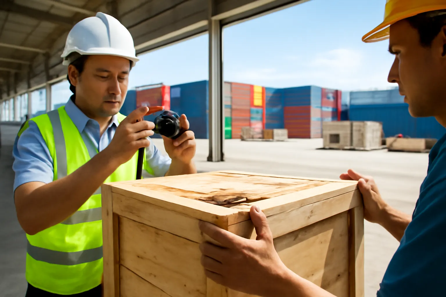 Giám định viên chụp ảnh thùng hàng bị móp trong kho bên cảng