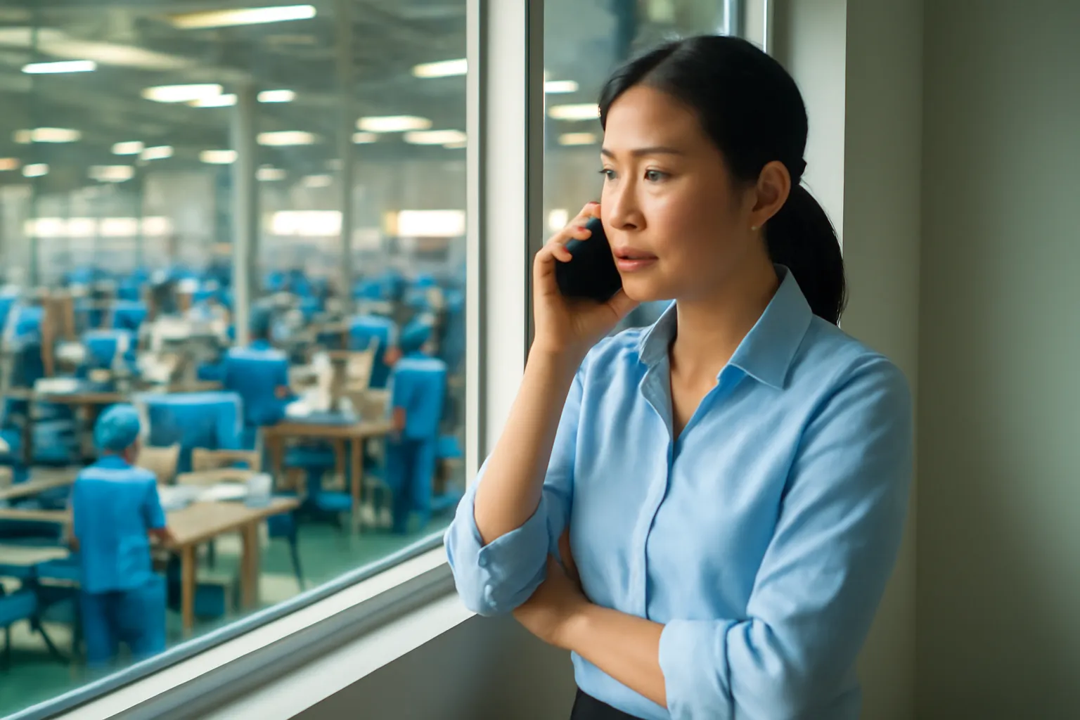 Người phụ nữ đứng bên cửa sổ xưởng, nghe điện thoại với vẻ nghiêm túc