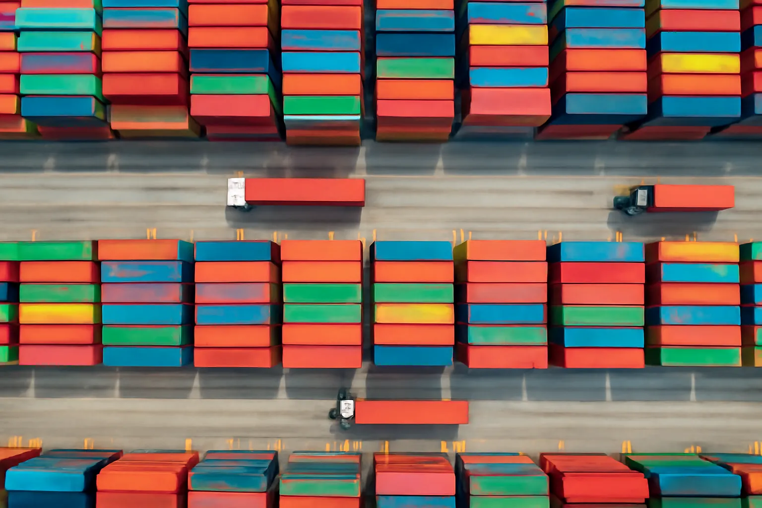 Hàng container nhiều màu xếp chồng ở bãi cảng nhìn từ trên cao