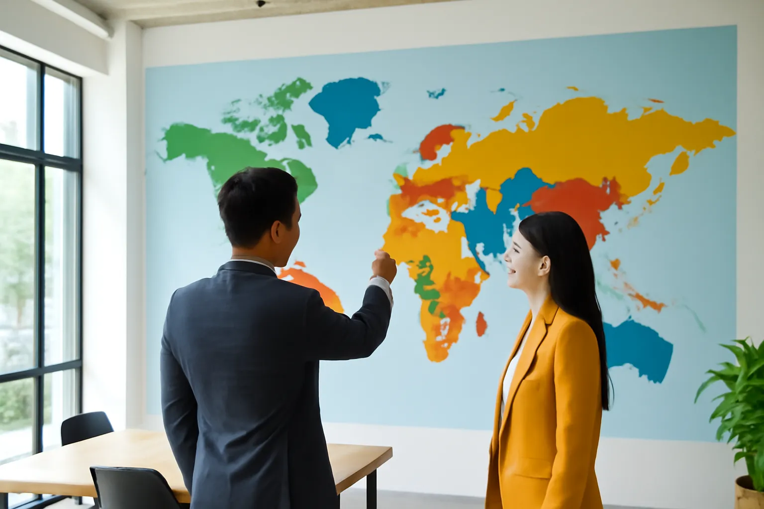 Hai người đứng trước tấm bản đồ thế giới lớn treo tường, chỉ tay bàn bạc