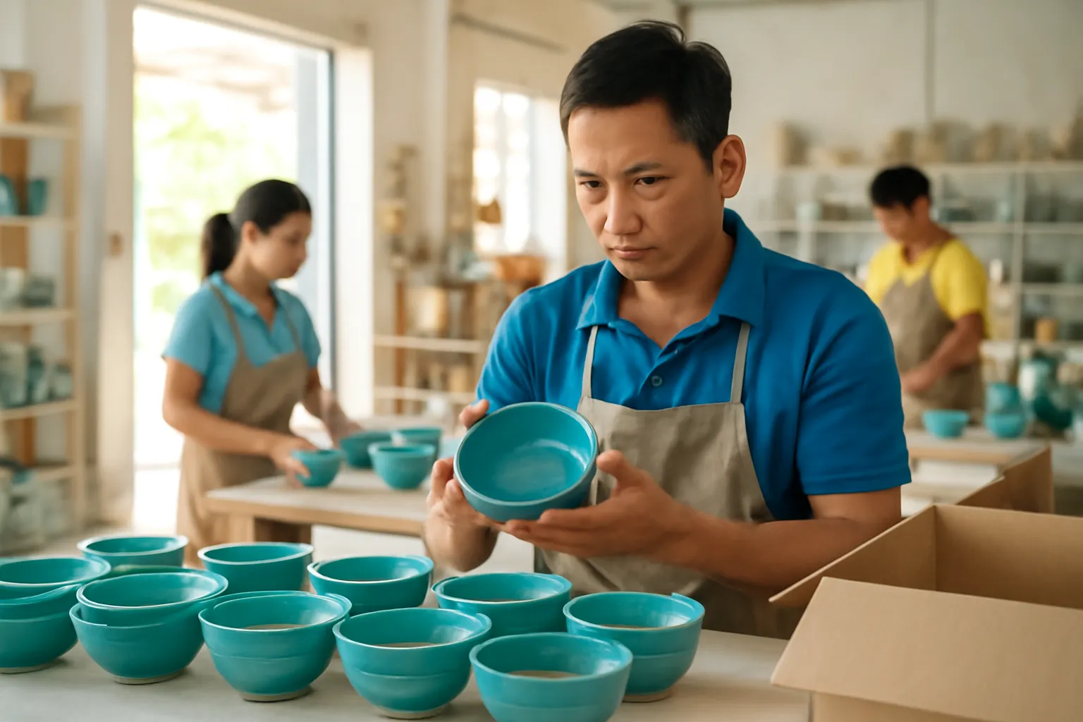Chủ xưởng gốm kiểm tra từng sản phẩm trước khi đóng thùng