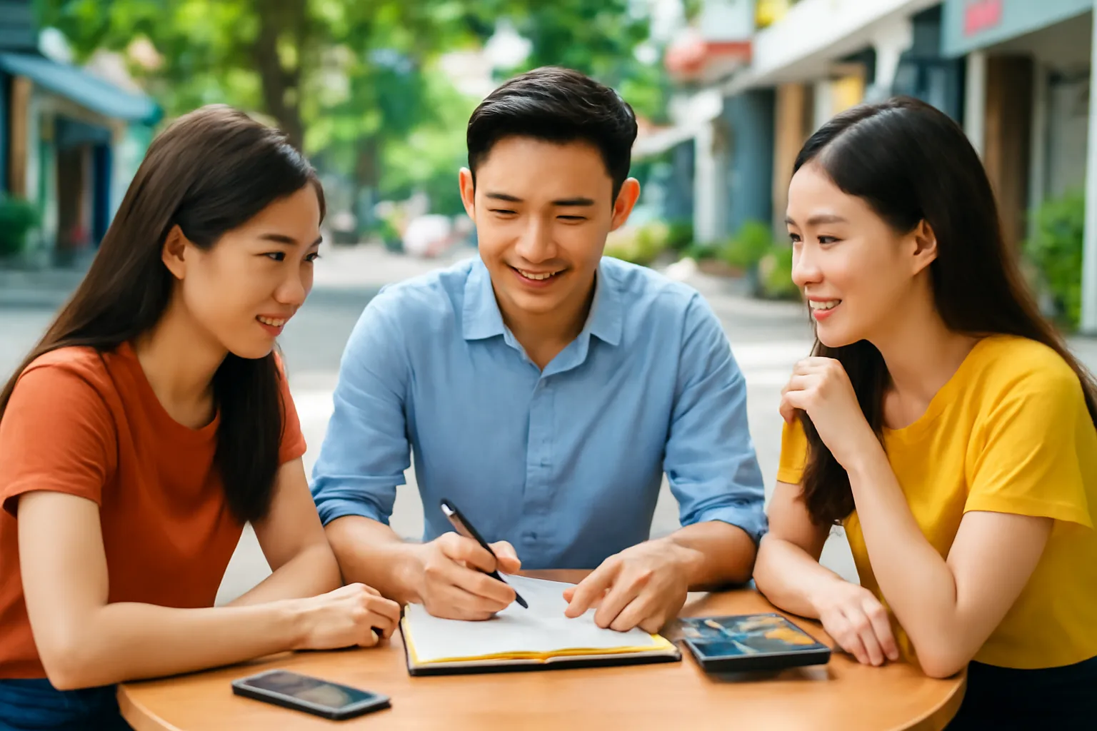 Ba người bạn trẻ ngồi quán cà phê bàn chuyện góp vốn làm ăn