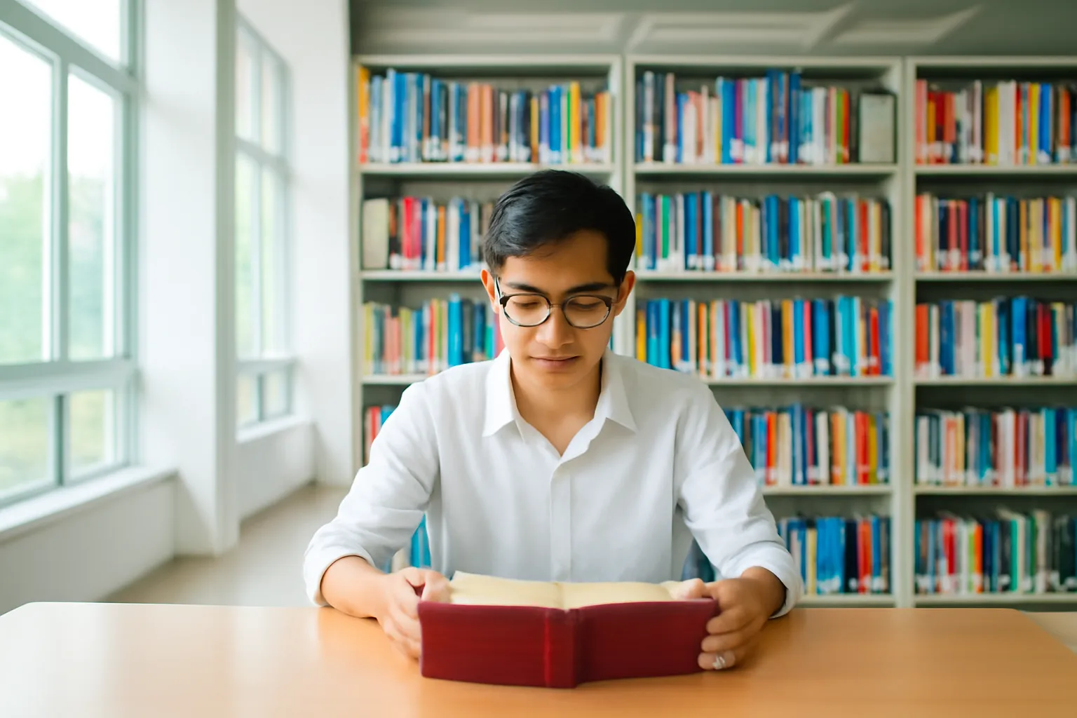 Thư viện luật với kệ sách cao và một người đang đọc tài liệu