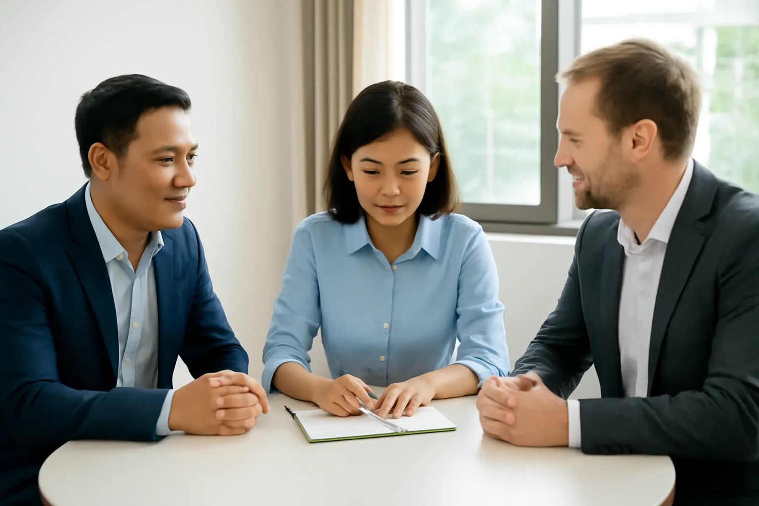Phiên dịch viên ngồi giữa hai bên trong buổi họp, ghi chép vào sổ