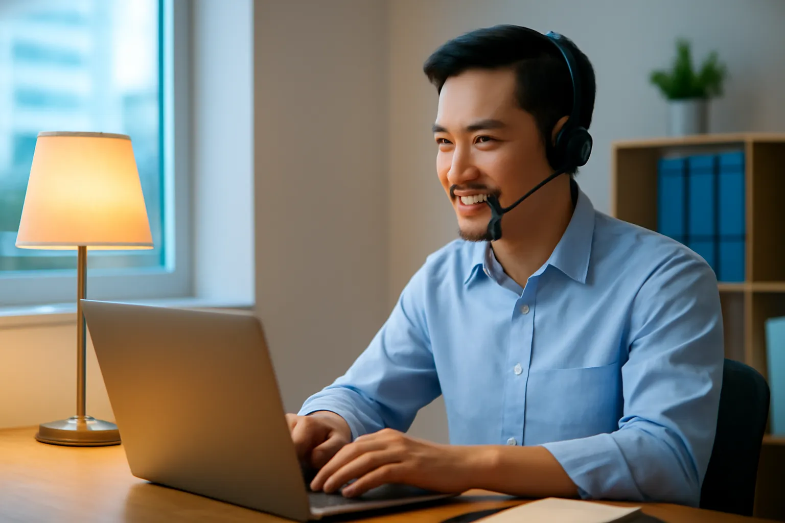 Chàng trai đeo tai nghe gọi video trong phòng làm việc buổi tối