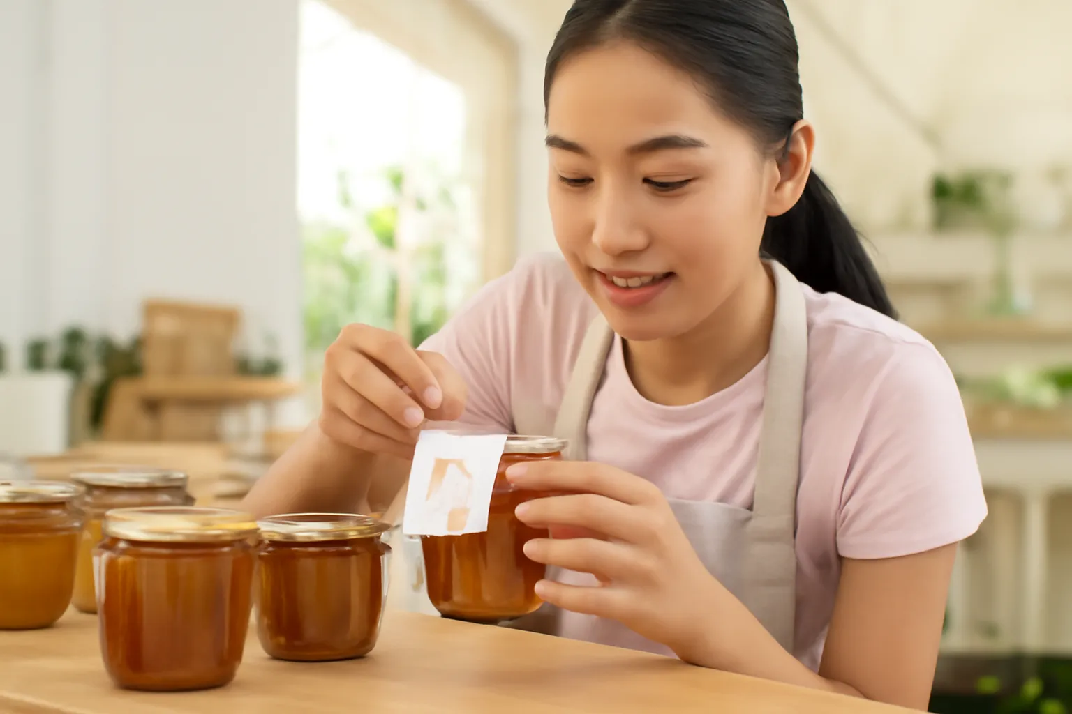 Người phụ nữ trẻ dán nhãn thương hiệu lên hũ sản phẩm thủ công