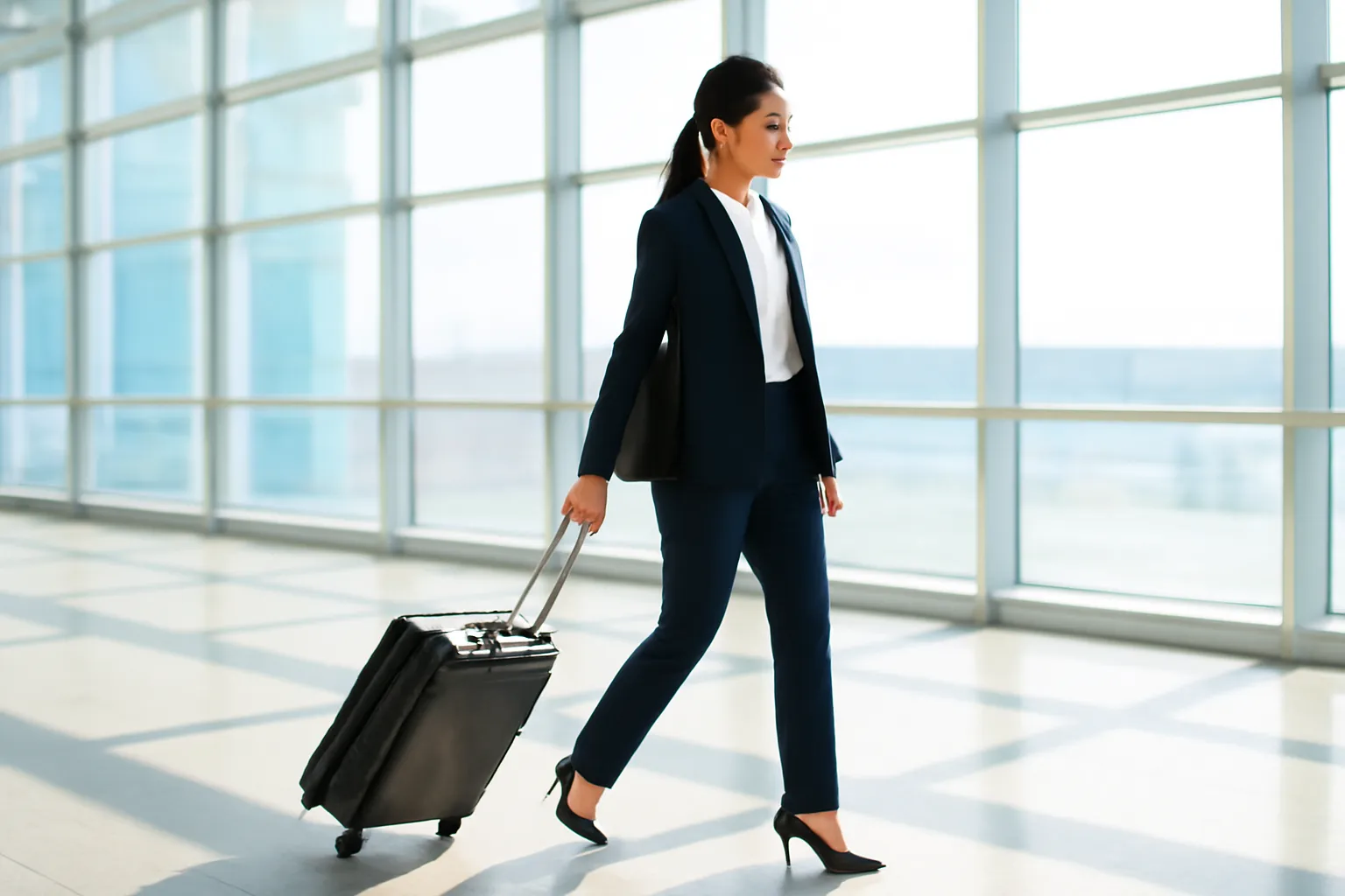 Doanh nhân kéo vali đi qua sảnh sân bay sáng sủa