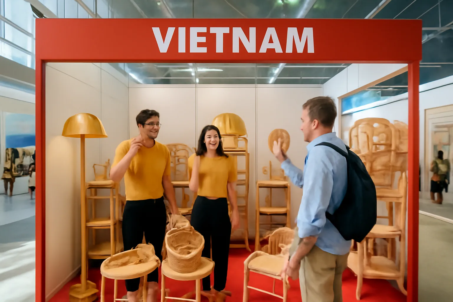 Gian hàng hội chợ với sản phẩm mây tre và hai nhân viên tiếp khách