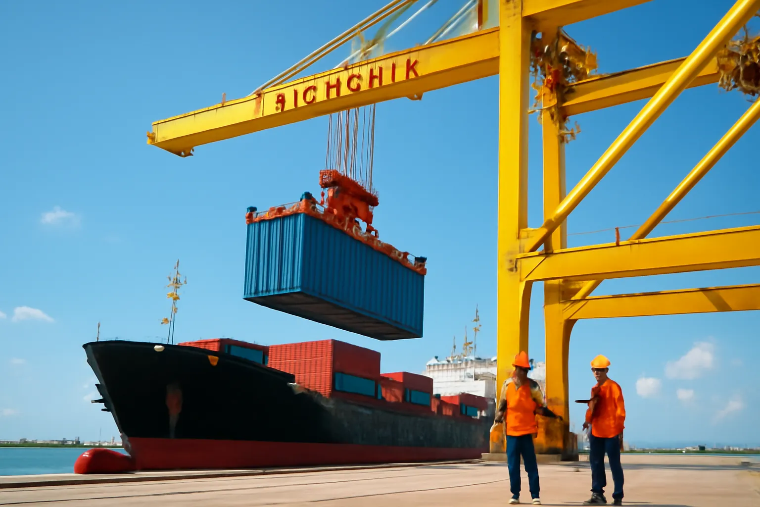 Container được cẩu lên tàu ở cảng biển lúc trời trong
