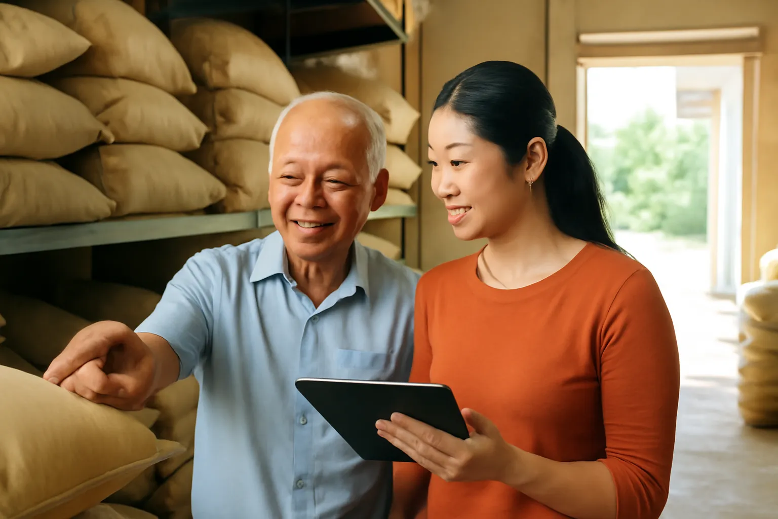 Người cha lớn tuổi và con gái cùng kiểm hàng trong kho gia đình