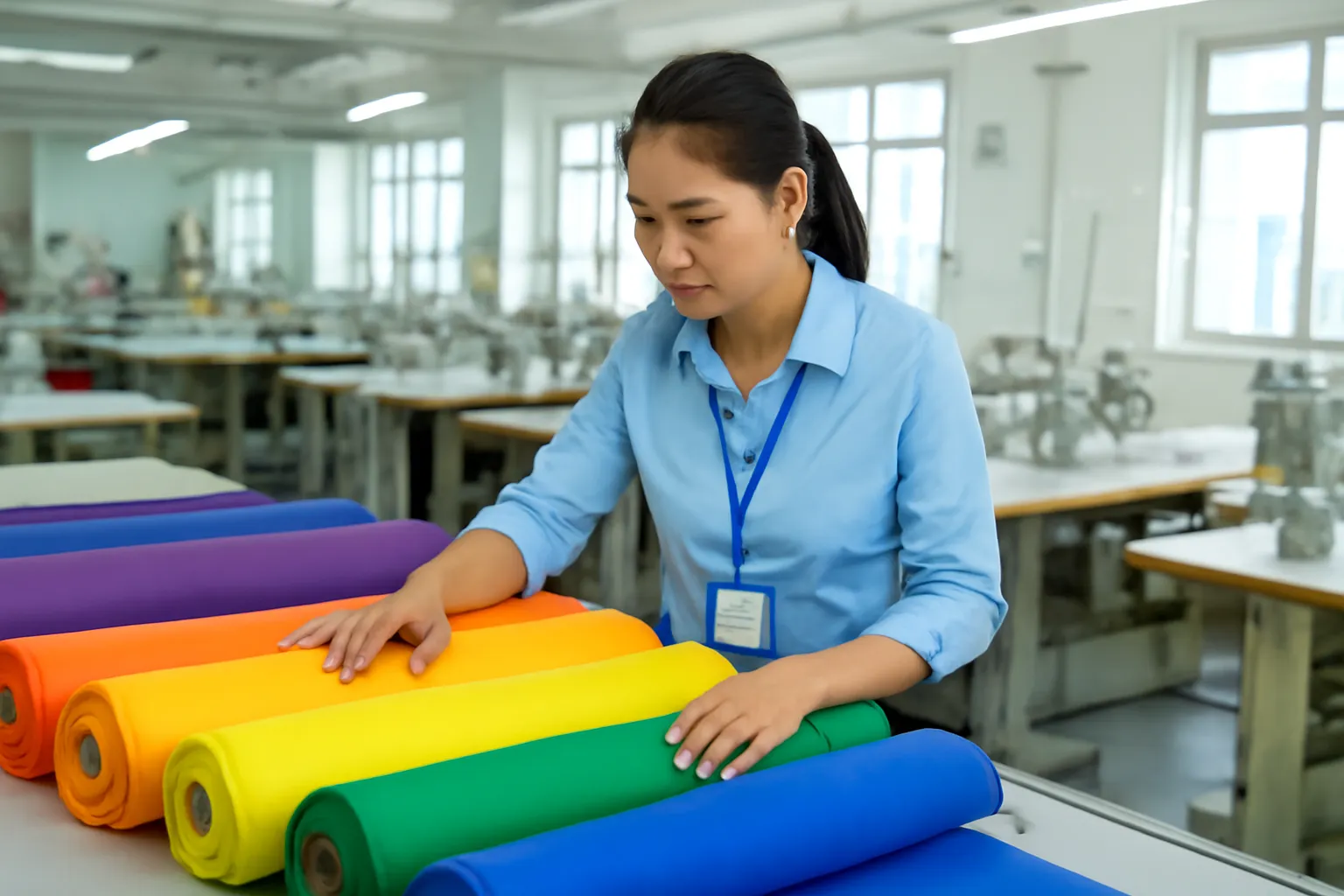 Kỹ sư kiểm tra nguyên liệu vải trên bàn cắt trong xưởng may sáng