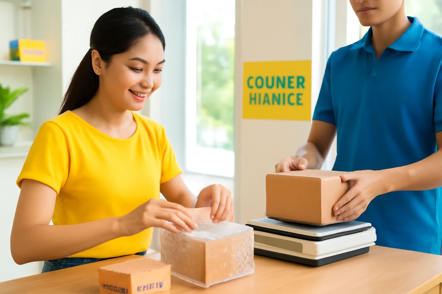 Cô gái trẻ đóng gói hộp mẫu sản phẩm cạnh quầy chuyển phát nhanh