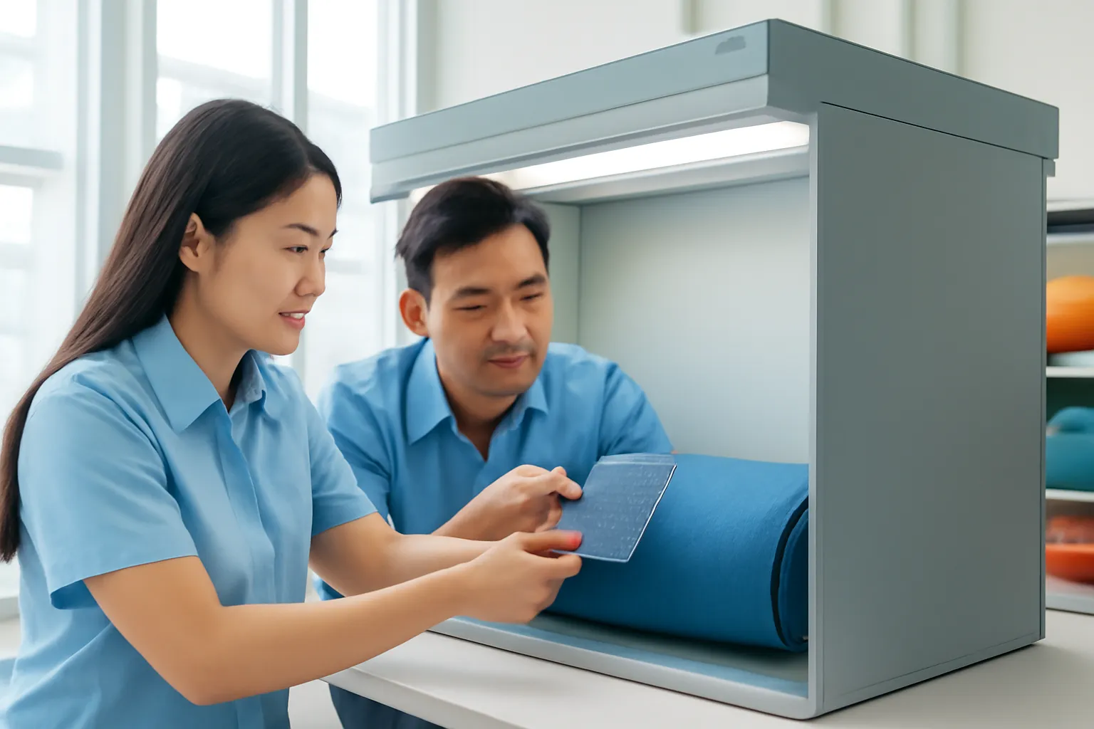 Hai nhân viên so màu vải với cuộn vải mẫu dưới đèn kiểm màu