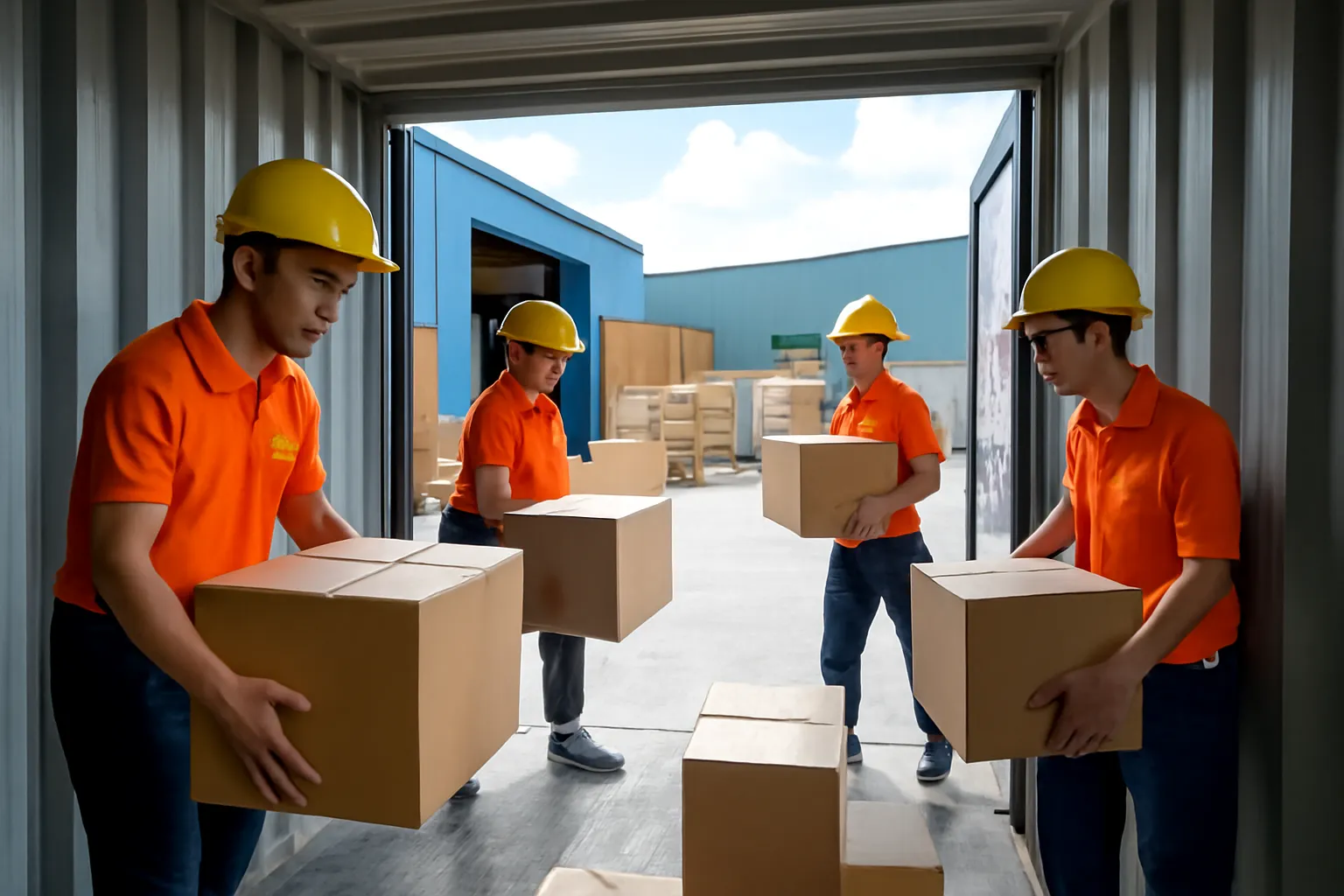 Công nhân xếp các thùng hàng khác cỡ vào một container trong kho