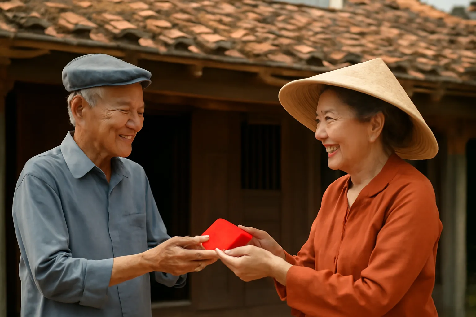 Hai người lớn tuổi trao nhau phong bì dưới mái hiên một nhà cổ