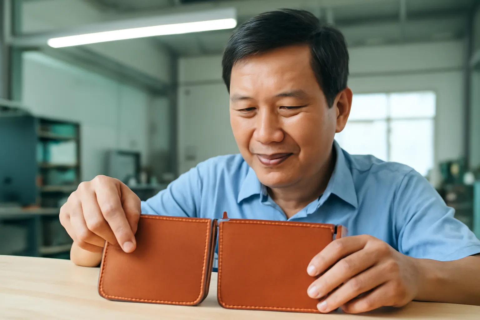 Người đàn ông trung niên đặt hai mẫu sản phẩm cạnh nhau để so sánh