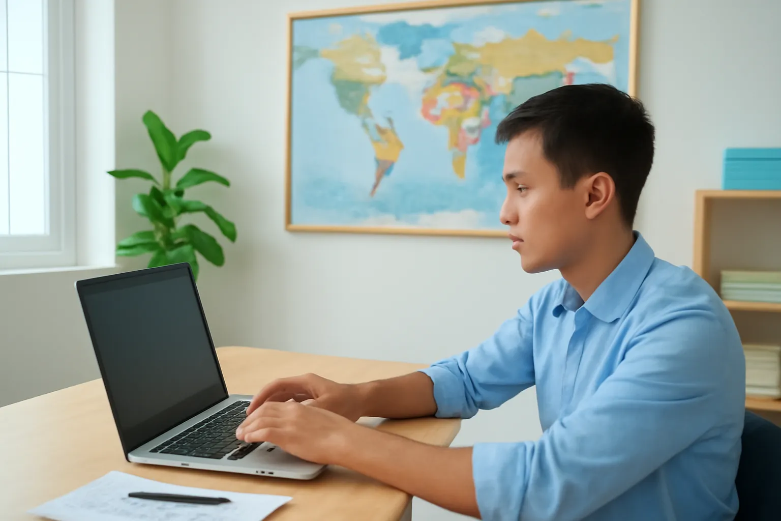 Người đàn ông trẻ tra cứu thông tin trên máy tính trong văn phòng nhỏ