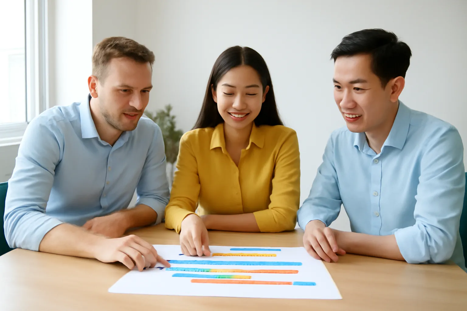 Cuộc họp ngắn quanh bàn gỗ sáng màu, một người trình bày bảng kế hoạch