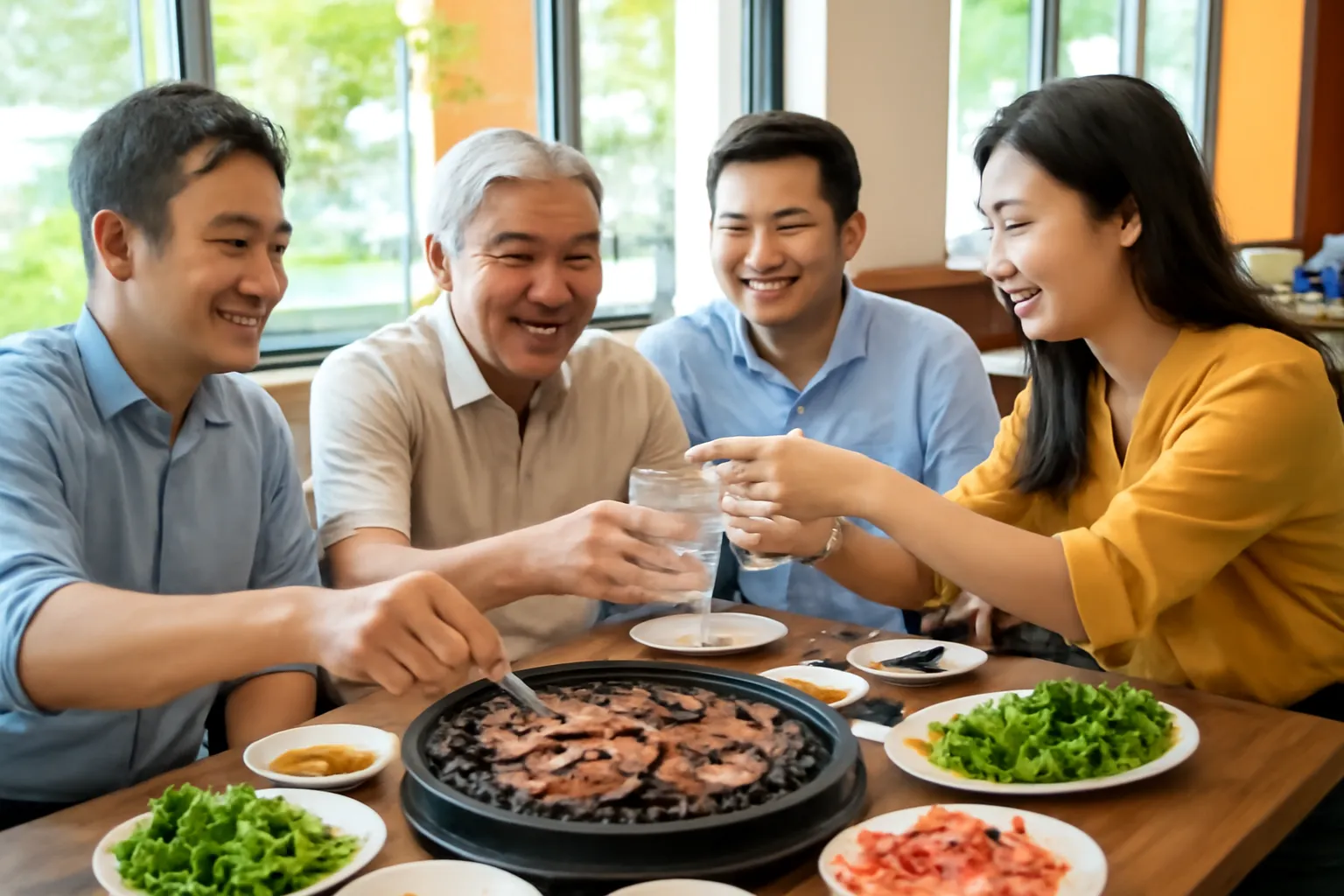 Nhóm đồng nghiệp Việt Hàn ăn tối quanh bếp nướng giữa bàn