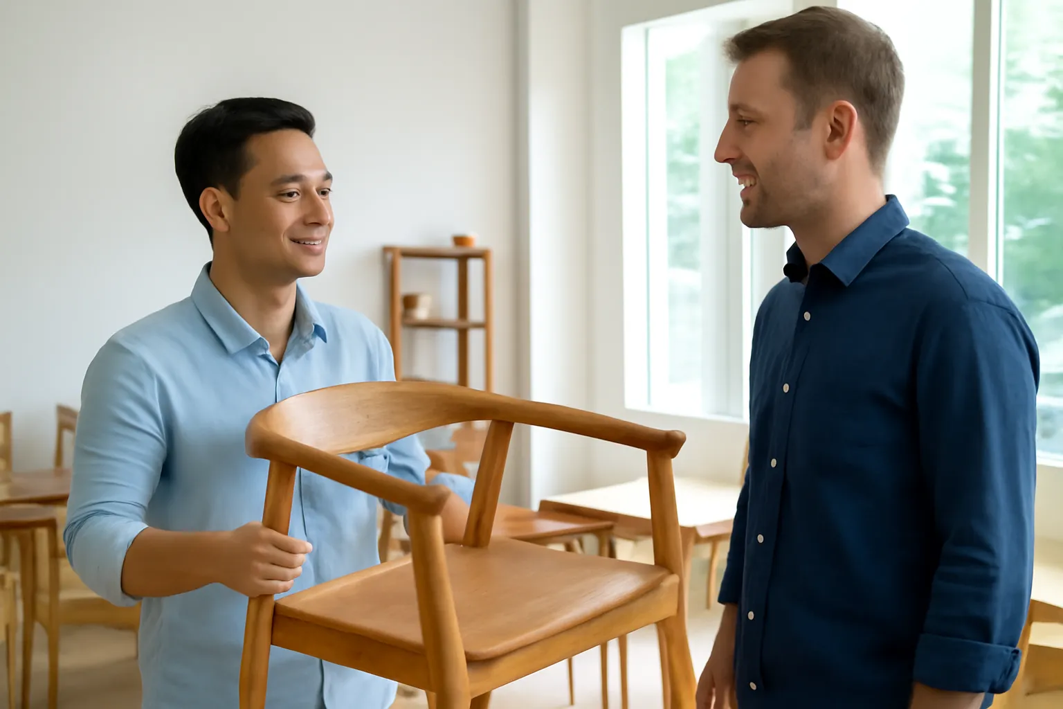 Chủ doanh nghiệp trẻ trình bày trước khách nước ngoài trong phòng trưng bày