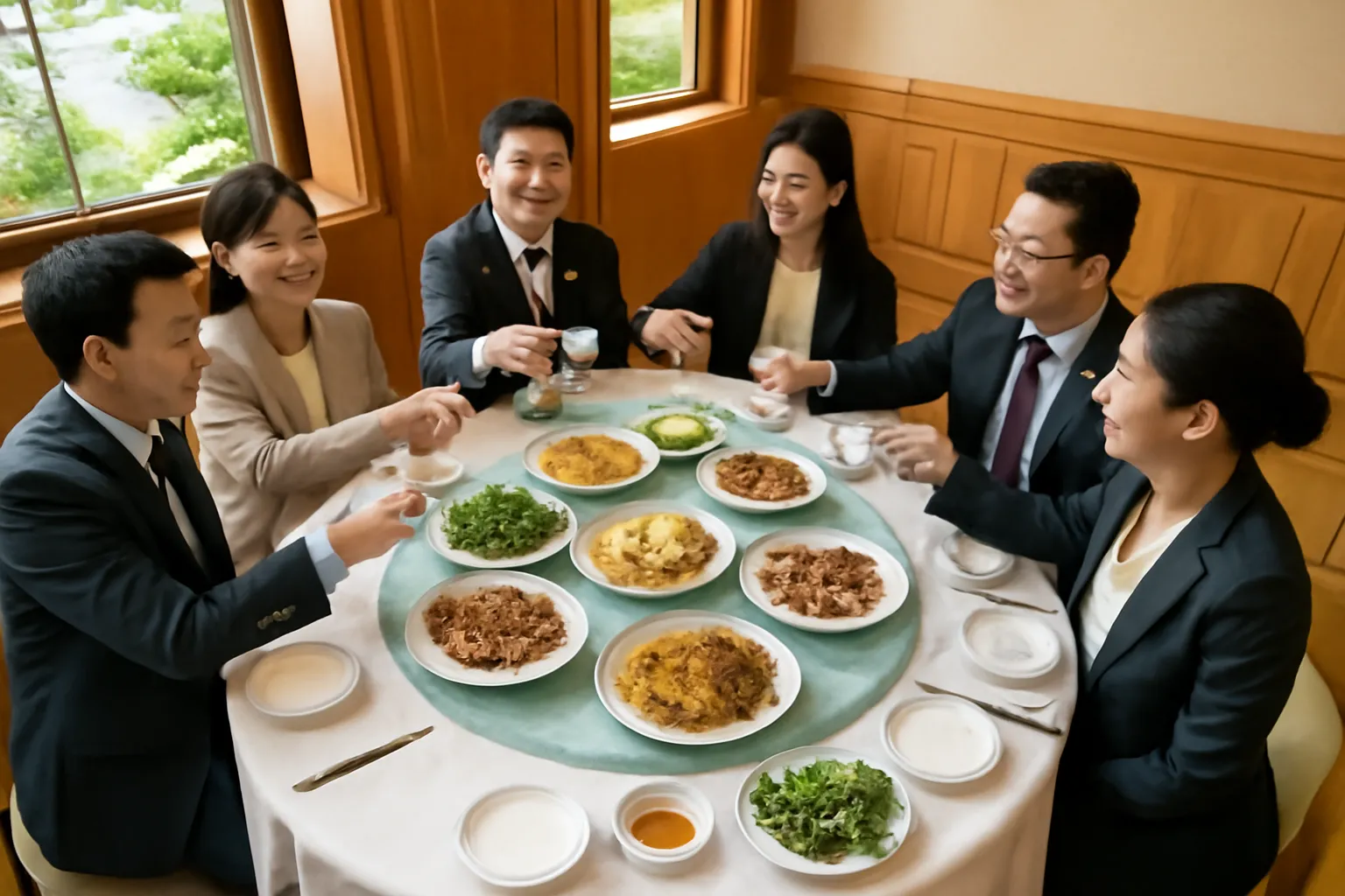Bàn tiệc tròn có mâm xoay với các món ăn và hai bên nâng ly