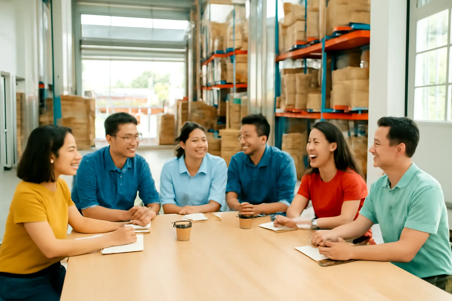 Các chủ cơ sở nhỏ họp bàn quanh chiếc bàn dài trong một nhà kho