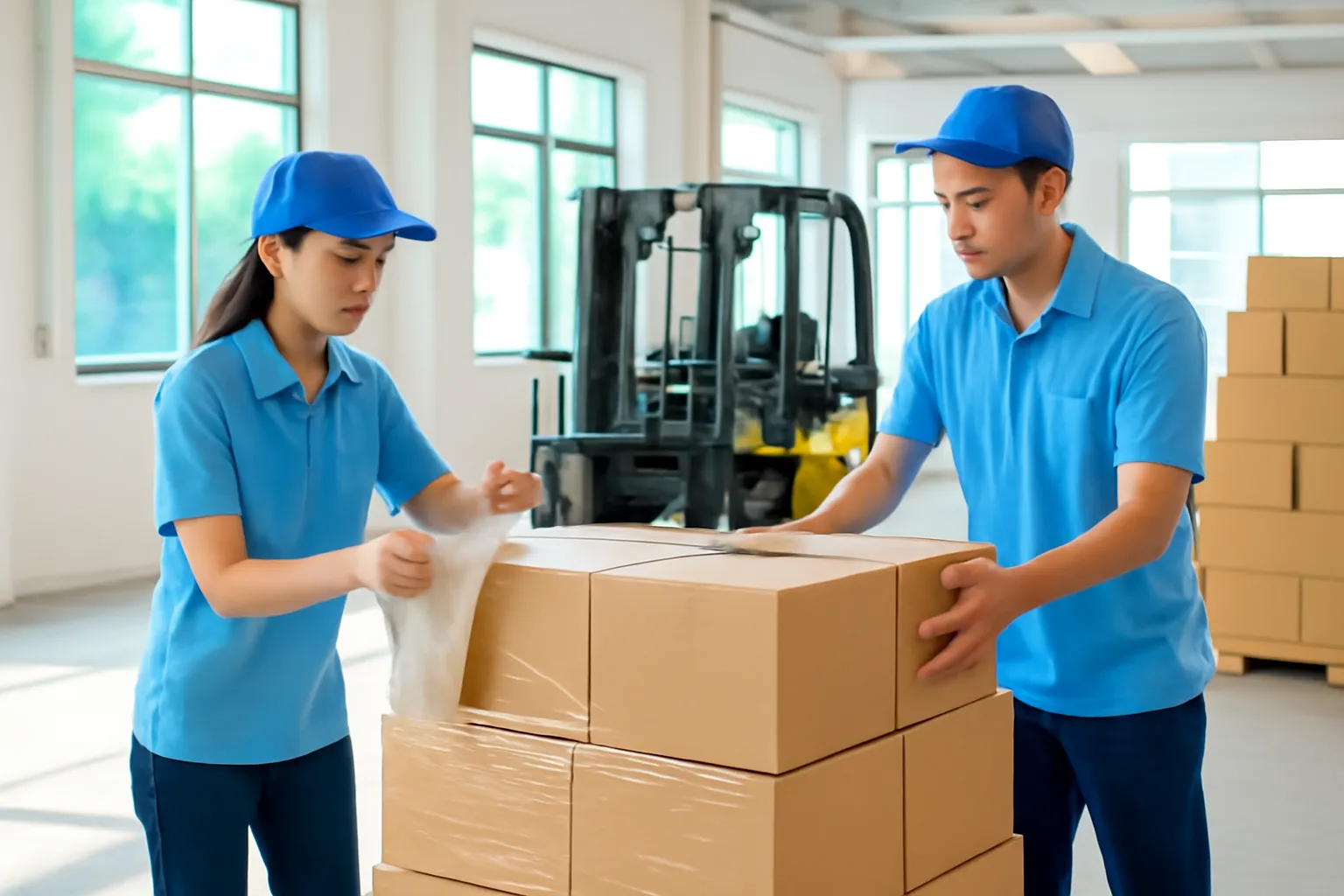 Công nhân dán nhãn thùng hàng trên pallet trong xưởng đóng gói
