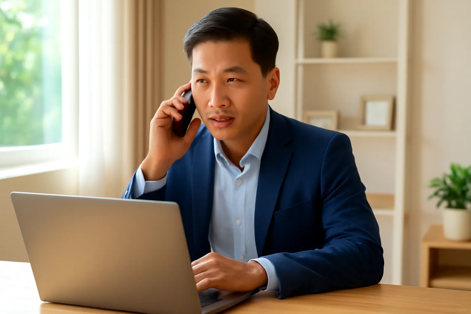 Người đàn ông gọi điện xác nhận, tay cầm điện thoại cạnh máy tính xách tay