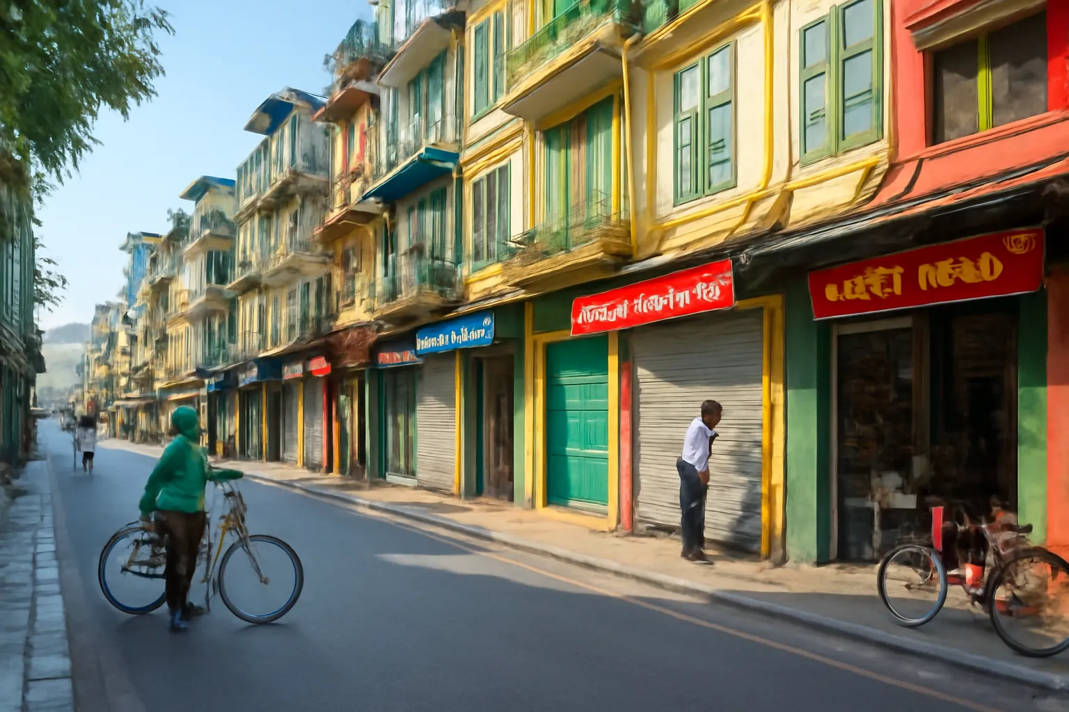 Phố cổ Hà Nội buổi sáng với các cửa hàng mở cửa, người đi bộ