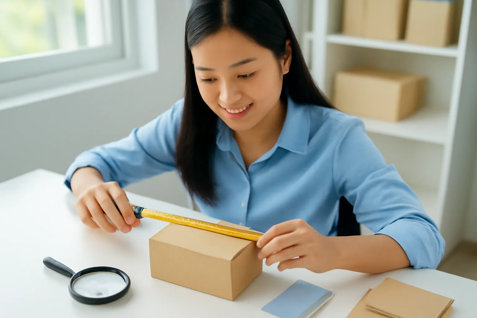 Nhân viên đo kích thước một sản phẩm mẫu bằng thước dây trên bàn