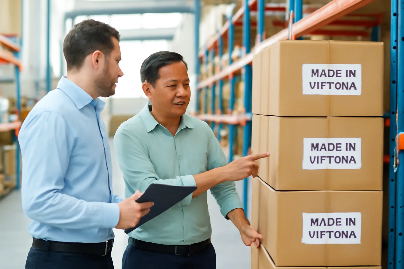 Người đàn ông nước ngoài và chủ xưởng Việt cùng xem hàng trong kho