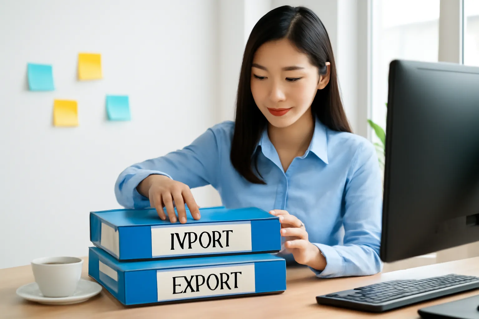 Cô nhân viên trẻ sắp xếp tập hồ sơ lô hàng trên bàn làm việc buổi sáng