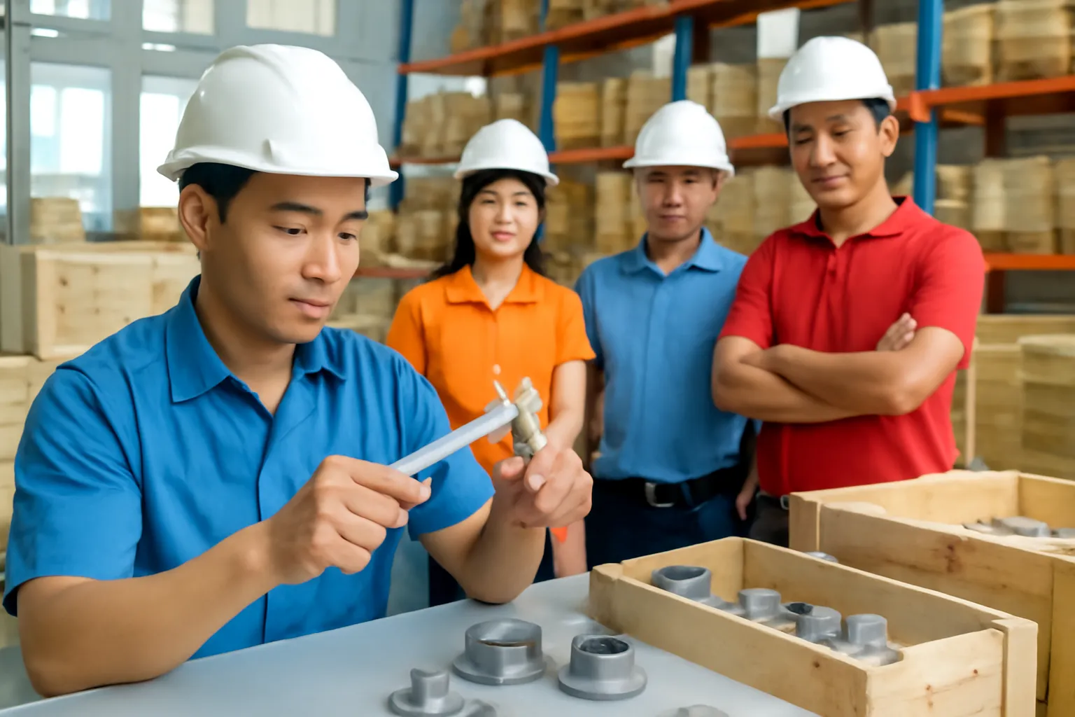 Giám định viên đo kích thước linh kiện máy trong kho nhập khẩu