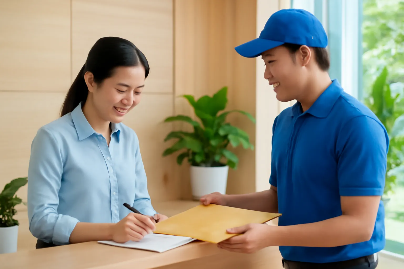 Người đàn ông ký nhận phong bì chuyển phát tại văn phòng công ty