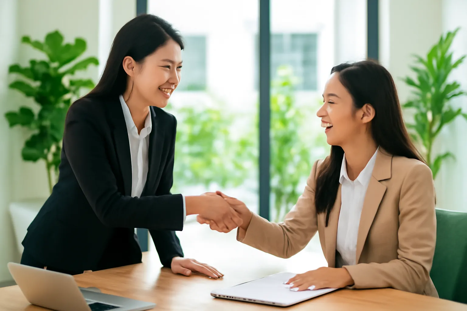 Hai người phụ nữ bắt tay qua bàn họp sau khi thống nhất