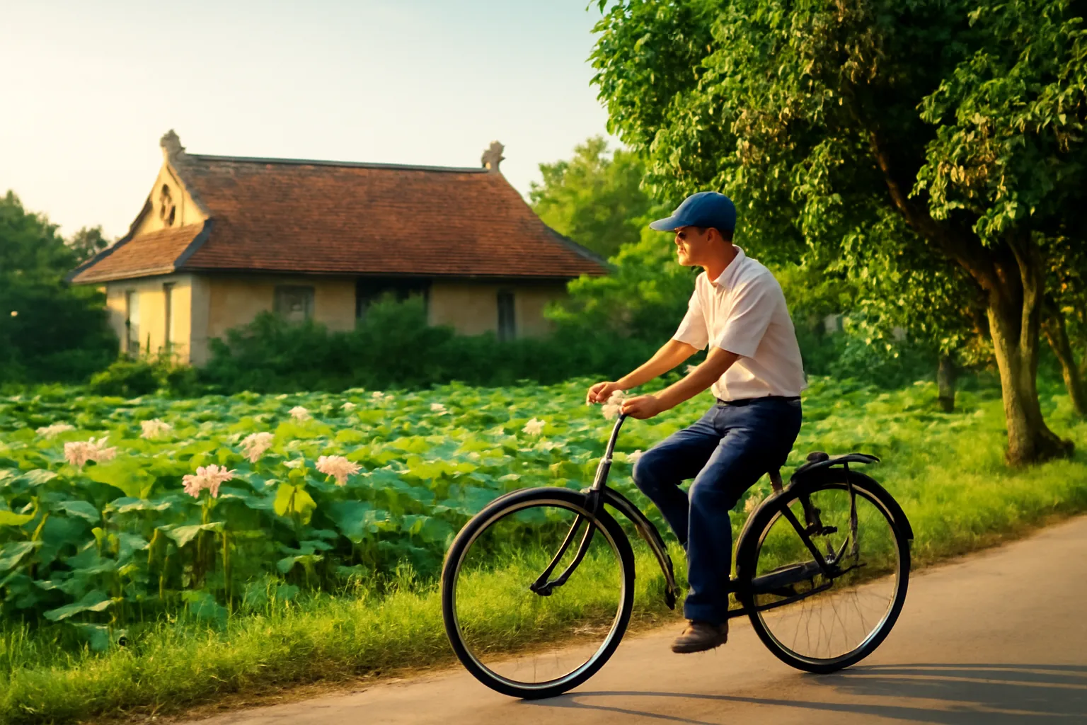 Người đàn ông trung niên đạp xe qua hồ sen và mái đình cổ ở Hưng Yên