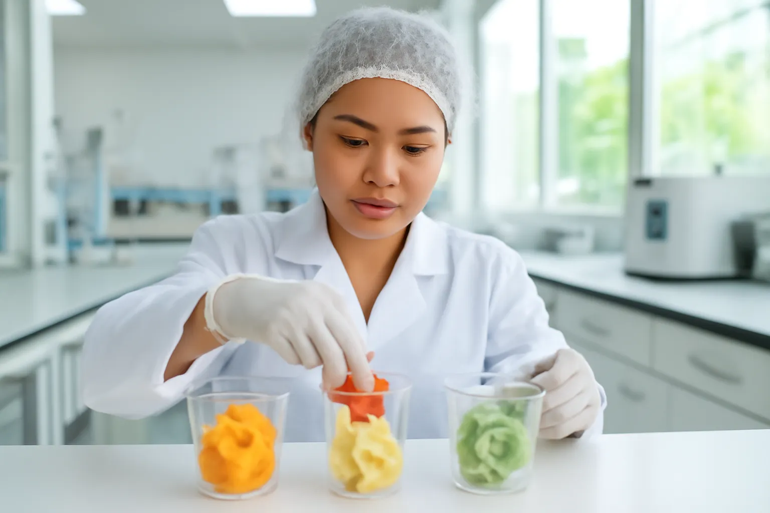 Nhân viên phòng thí nghiệm lấy mẫu trái cây vào hộp nhựa trong