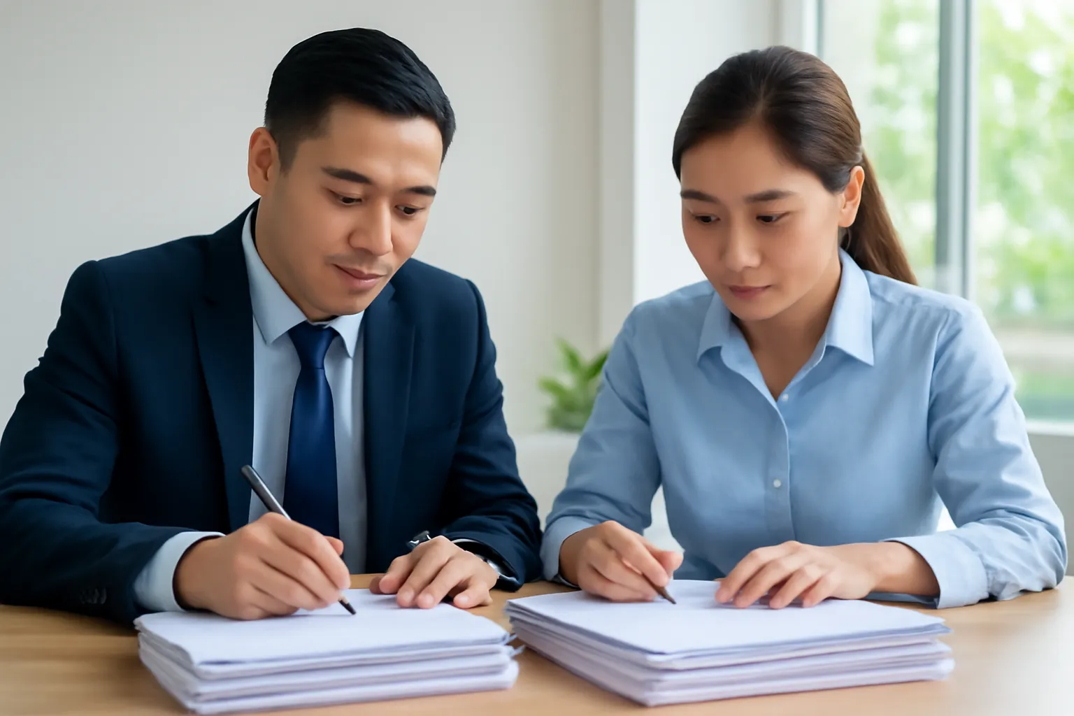 Nhân viên ngân hàng và chủ doanh nghiệp đối chiếu giấy tờ trên bàn