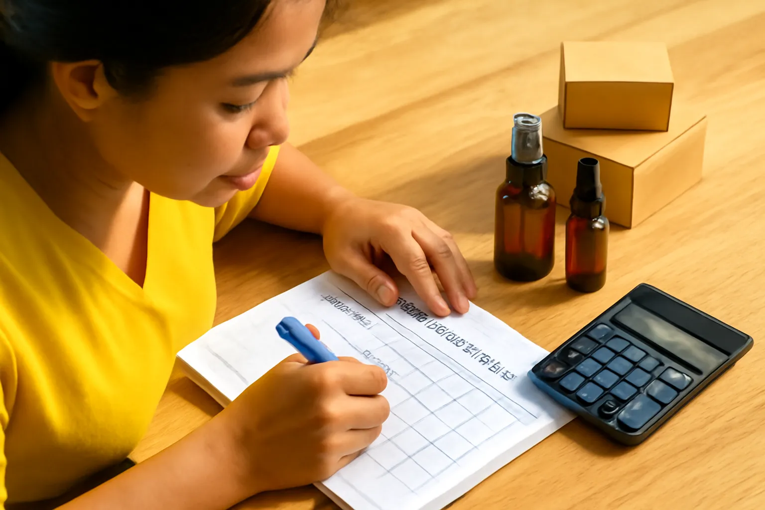 Người phụ nữ lập bảng tính giá bằng bút trên tờ giấy kẻ ô cạnh hàng mẫu