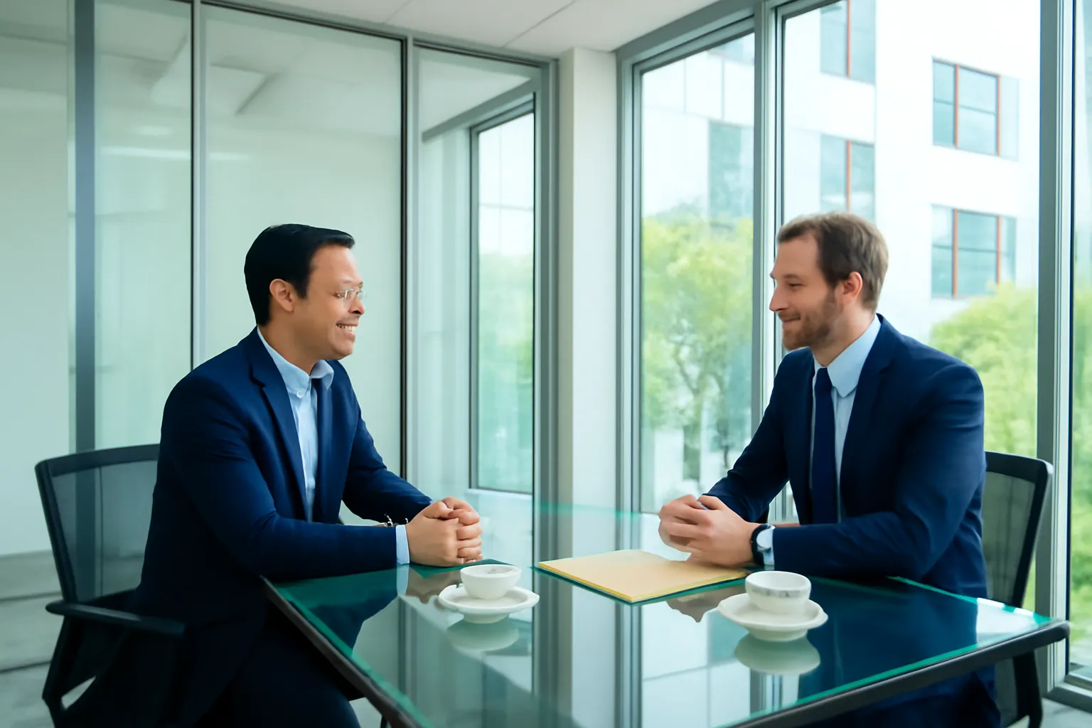 Hai doanh nhân ngồi đối diện trao đổi trong phòng họp nhỏ có cửa kính