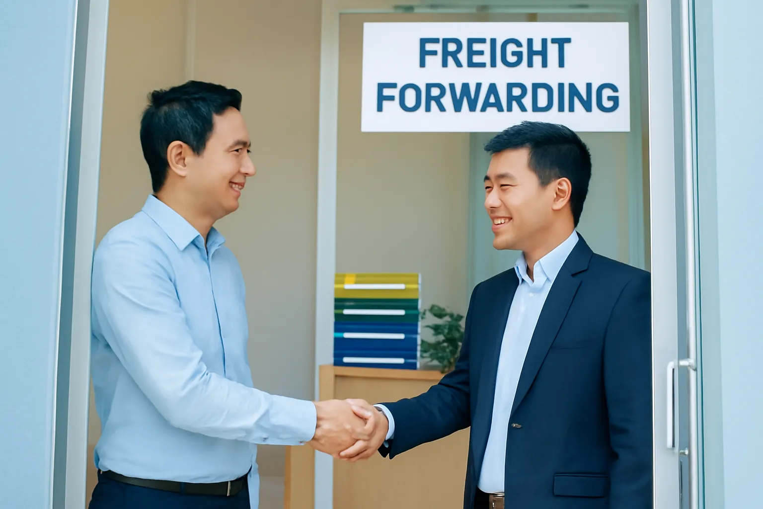 Hai người đàn ông bắt tay trước cửa một văn phòng giao nhận nhỏ