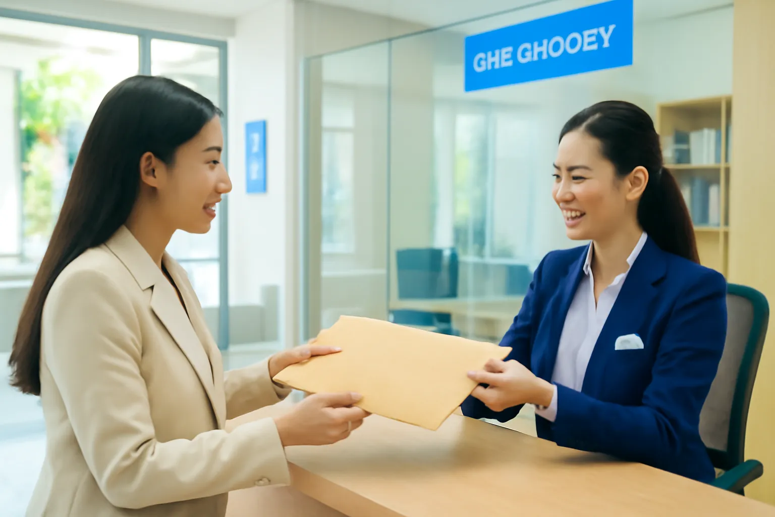 Người phụ nữ cầm phong bì tài liệu đứng ở quầy giao dịch ngân hàng